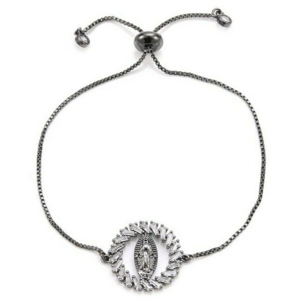 Virgin Mary Sparkly Cubic Zirconia Black Religious Bracelet